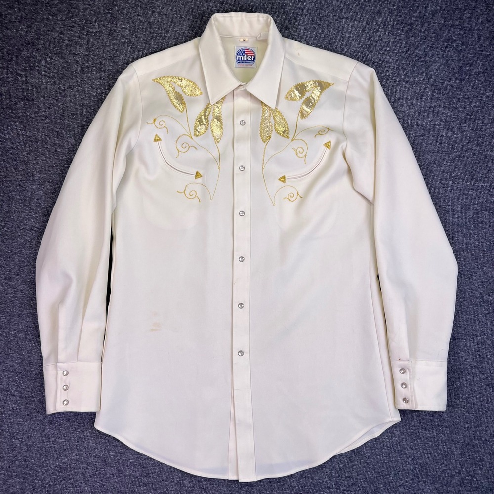 VTG Miller Western Shirt Mens M Cream Gold Pearl Snap Cowboy Rodeo Country USA